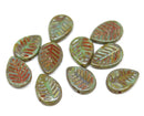12x16mm Turquoise green picasso finish side drilled leaf beads, 10pc