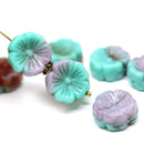 14mm Purple green pansy flower, Czech glass flat daisy beads - 8Pc