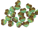 11x13mm Green brown leaf beads, Yellow inlays Czech glass maple leaves 20pc