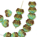 11x13mm Green brown leaf beads, Yellow inlays Czech glass maple leaves 20pc