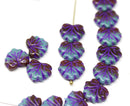 11x13mm Blue brown leaf beads, Purple inlays Czech glass maple leaves pressed beads - 20pc