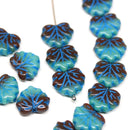 11x13mm Turquoise brown leaf beads, Blue inlays Czech glass maple leaves 20pc