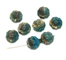 14mm Dark blue green pansy flower, Czech glass flat daisy pressed beads 8Pc