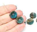 14mm Dark blue green pansy flower, Czech glass flat daisy pressed beads 8Pc