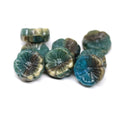 14mm Dark blue green pansy flower, Czech glass flat daisy pressed beads 8Pc