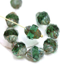 11x10mm Green turbine beads, Picasso finish Czech glass fire polished bicone faceted beads 8pc