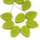 12x16mm Olive green side drilled leaf beads, Green glass leaves 10pc