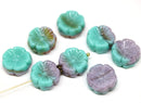 14mm Purple green pansy flower, Czech glass flat daisy beads - 8Pc