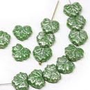 11x13mm Green leaf beads, Silver flakes wash Czech glass maple leaves pressed beads - 20pc