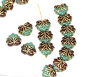 11x13mm Green brown leaf beads, Golden inlays Czech glass maple leaves 20pc