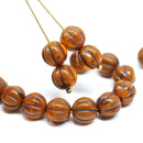 8mm Brown orange Melon shape czech glass round beads - 20pc