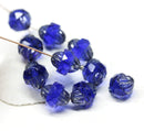 11x10mm Dark blue turbine beads, Silver ends Czech glass fire polished bicone faceted beads 8pc