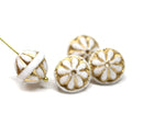 12x14mm White Large fancy bicone beads, golden inlays carved Czech glass fire polished 4Pc