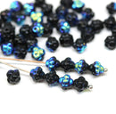 6mm Jet black blue metallic luster fancy bicone czech glass pressed beads 60pc