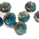 14mm Dark blue green pansy flower, Czech glass flat daisy pressed beads 8Pc