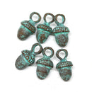 6pc small Acorn charms, Green patina on copper