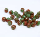 6mm brown green, Melon czech glass carved beads - 30Pc