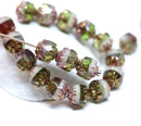 6mm Green purple cathedral czech glass beads, Golden ends fire polished 20Pc
