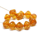 9mm Orange czech glass bicone beads, dark orange stripes pressed beads 15Pc