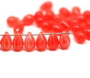 30pc Mixed light red czech glass teardrop beads, red top drilled pressed - 6x9mm
