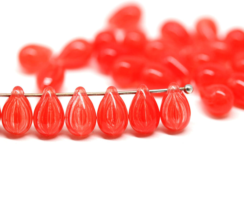 30pc Mixed light red czech glass teardrop beads, red top drilled pressed - 6x9mm