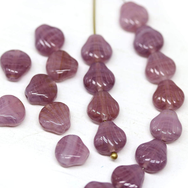 30pc Purple czech glass shell beads, center drilled - 9mm