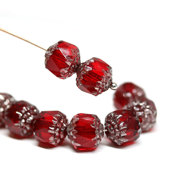 8mm Red cathedral beads with silver ends, czech glass fire polished 10Pc