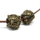 12mm Large antique brass ornament round beads, 3mm hole 2Pc