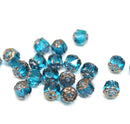 6mm Indicolite blue cathedral beads, czech glass fire polished round beads, golden ends 20Pc