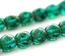 6mm Teal Green Czech Glass beads, Picasso finish fire polished round cut beads - 30Pc