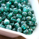 6mm Teal Green Czech Glass beads, Picasso finish fire polished round cut beads - 30Pc