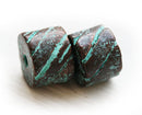 2pc round metalized tube beads, Green patina on copper