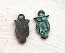 4pc Small Owl charm, Green patina