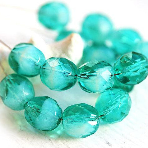 8mm Ocean Teal Green mixed color Czech glass beads fire polished faceted - 15Pc