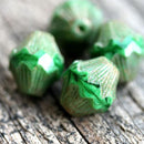 13x12mm Malachite green czech glass bicone beads, large baroque bicones with copper luster - 4Pc