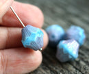 13x12mm Blue Purple Czech glass large baroque bicones with copper luster, 4Pc