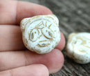 22mm Panda face beads, white with golden inlays, czech glass pendant bead - 1pc