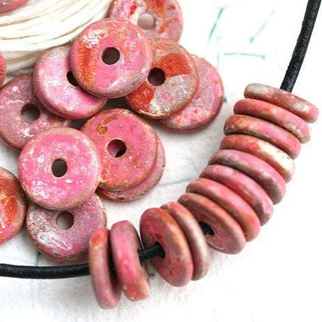 25pc Pink red ceramic rondelle beads 13mm