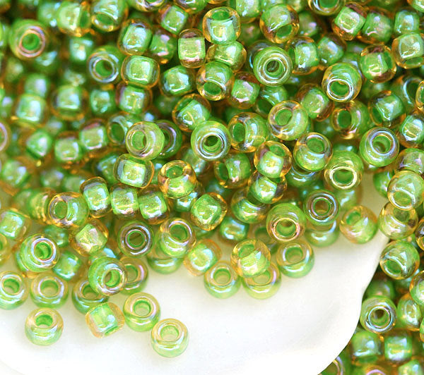 11/0 TOHO seed beads, Inside-Color Topaz Opaque Green Lined N 393 - 10g