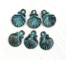 6pc Oyster small shell charms, 12mm Green patina