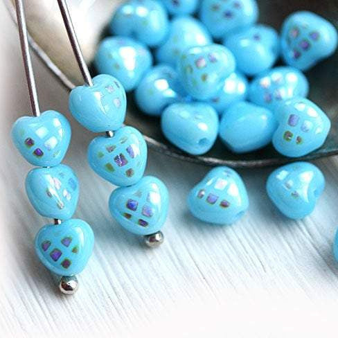 6mm Blue Heart, Sky Blue glass beads tiny with luster - 25pc