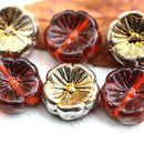 14mm Brown Topaz Pansy flower czech glass beads Golden coating - 6pc
