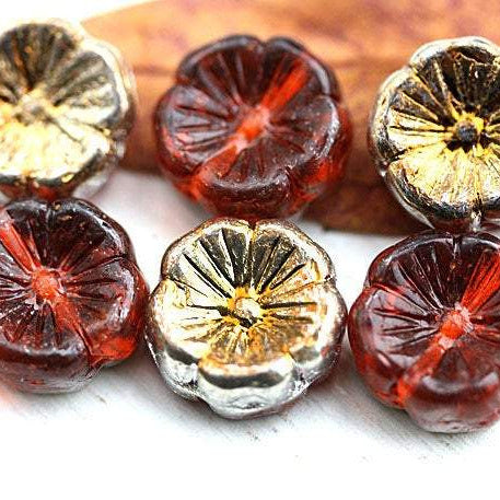 14mm Brown Topaz Pansy flower czech glass beads Golden coating - 6pc
