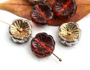 14mm Brown Topaz Pansy flower czech glass beads Golden coating - 6pc