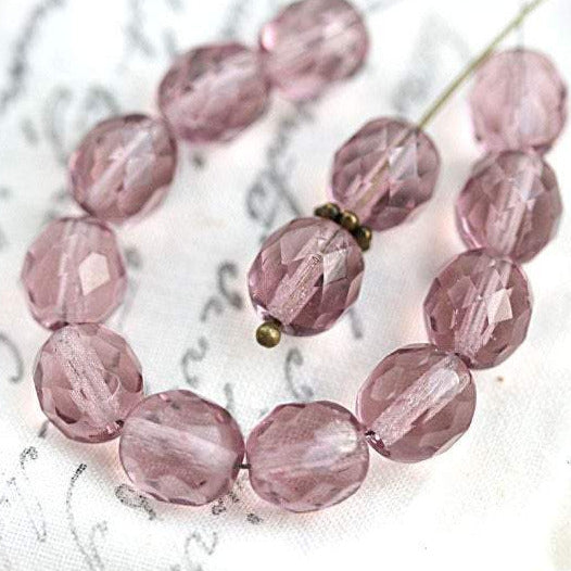 8mm Light Amethyst Purple Czech round fire polished, faceted round beads - 15Pc