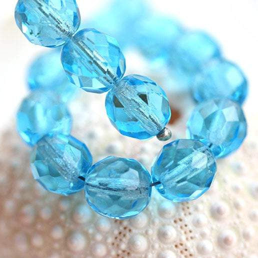 8mm Aqua blue czech glass beads, Fire polished round faceted spacers - 15Pc