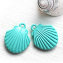 2pc Turquoise Green Puffy Shell charms, Painted Metal Casting