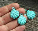2pc Turquoise scalloped Shell charms Painted Metal Casting