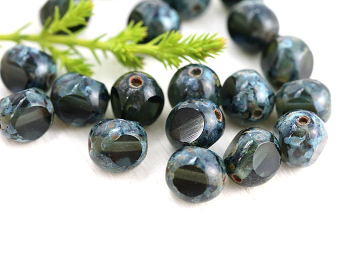 8mm Picasso Olive green Czech glass beads, fire polished, round cut, 20pc