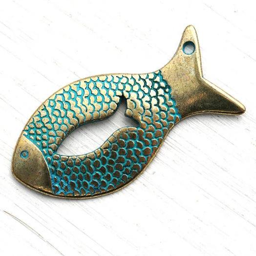 40mm Patinated brass metal casting large fish pendant